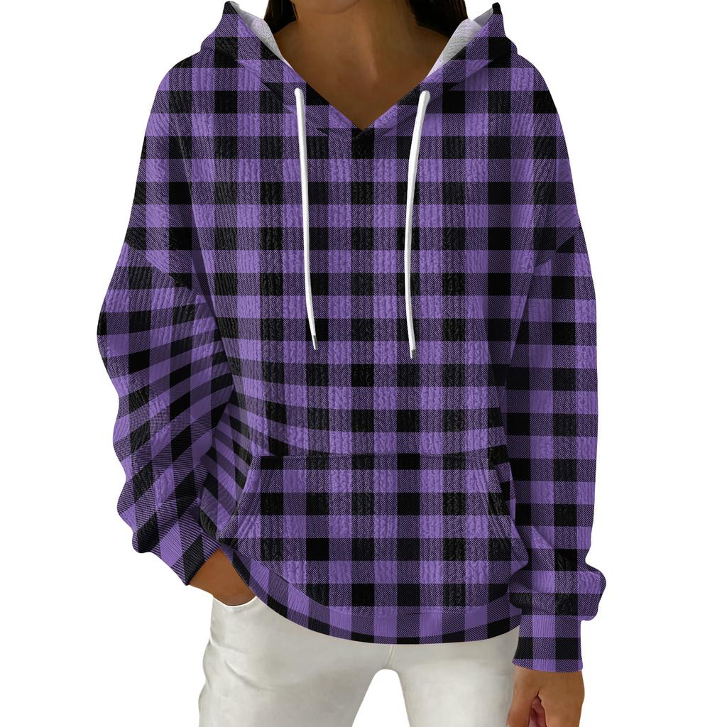 Women's Fashion Casual Plaid Print Pullover Long-Sleeve Hooded Sweatshirt