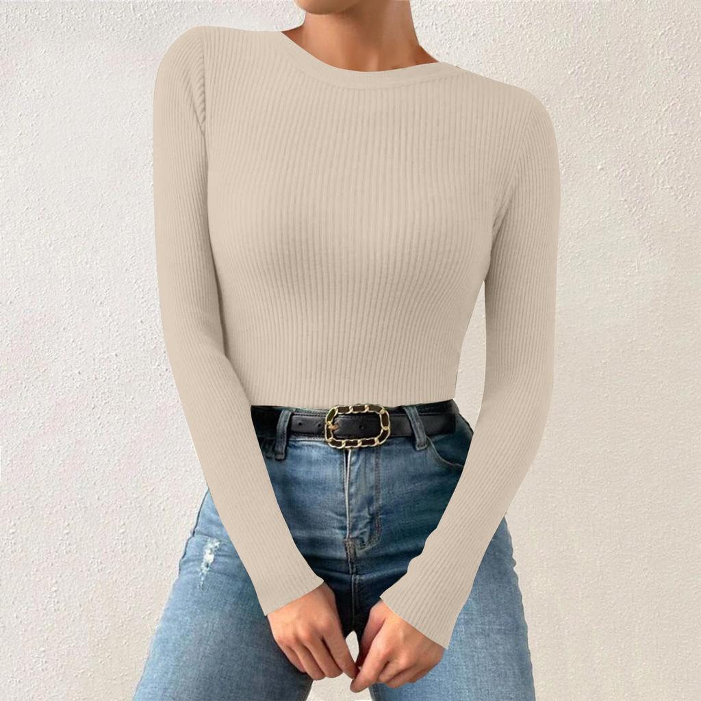 Женская однотонная футболка с круглым вырезом и вертикальными длинными рукавами