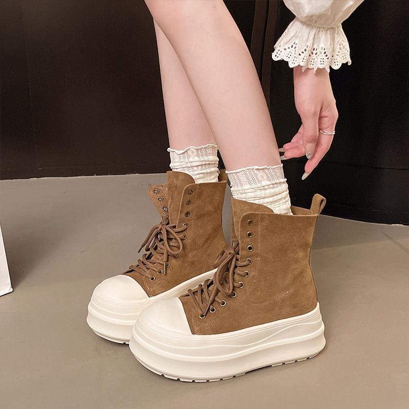 Retro Lapel Lace-up Muffin Platform High-top Shoes Women's Martin Boots New Small Height-increasing Casual Shoes
