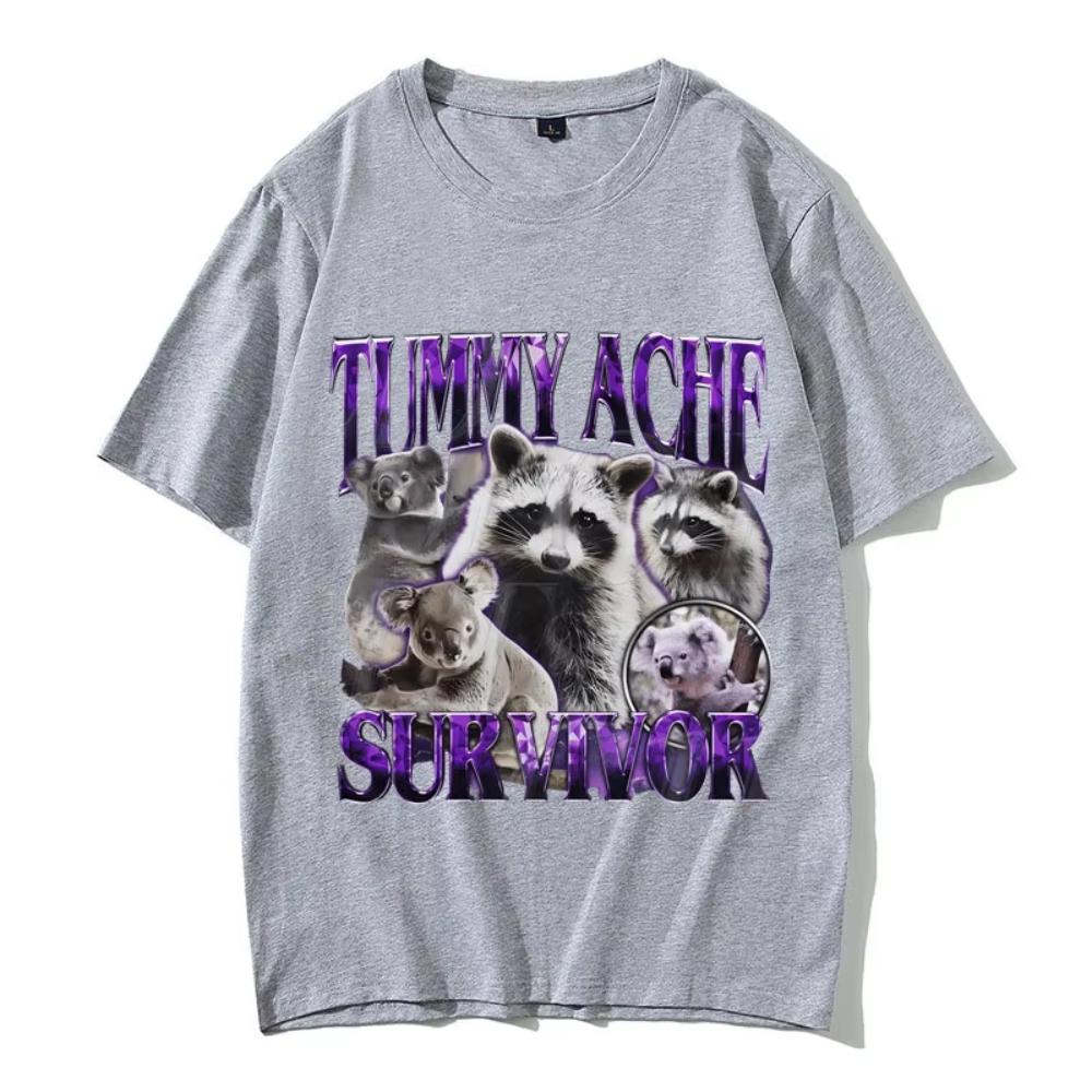 Tummy Ache Survivor Vintage Raccoon Funny Meme T-shirts Men's Women Casual Cotton Oversized Streetwear Male Vintage Short Sleeve
