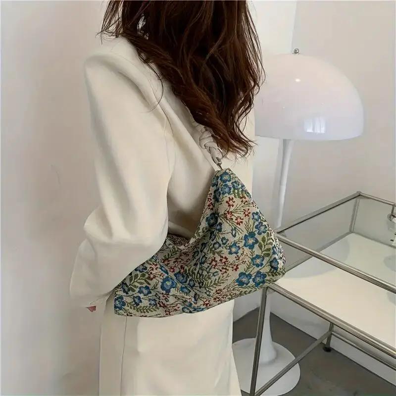 Women's Simple Versatile Hobo Bag Handbag Retro Print Underarm Bag Large Capacity Stylish Casual Canvas Shoulder Bag