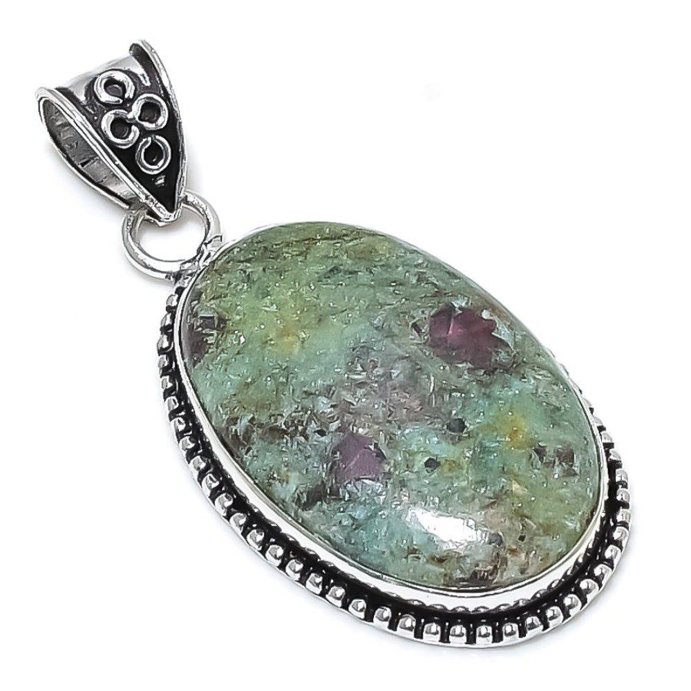 Ruby In Fuchsite Ethnic 925 Sterling Silver Jewelry Pendant 2.32" S5Q08