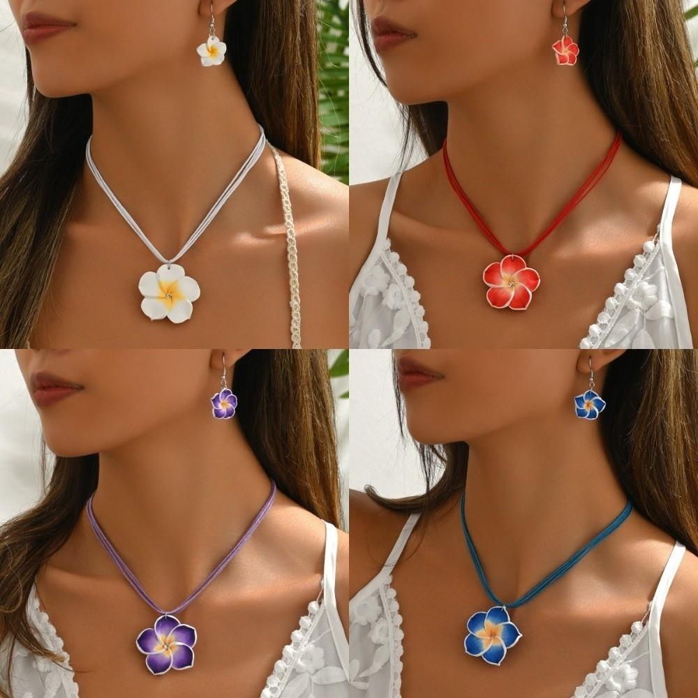 Soft Clay Flower Necklace Earrings Set Flower Jewelry Beach Vacation Accessory
