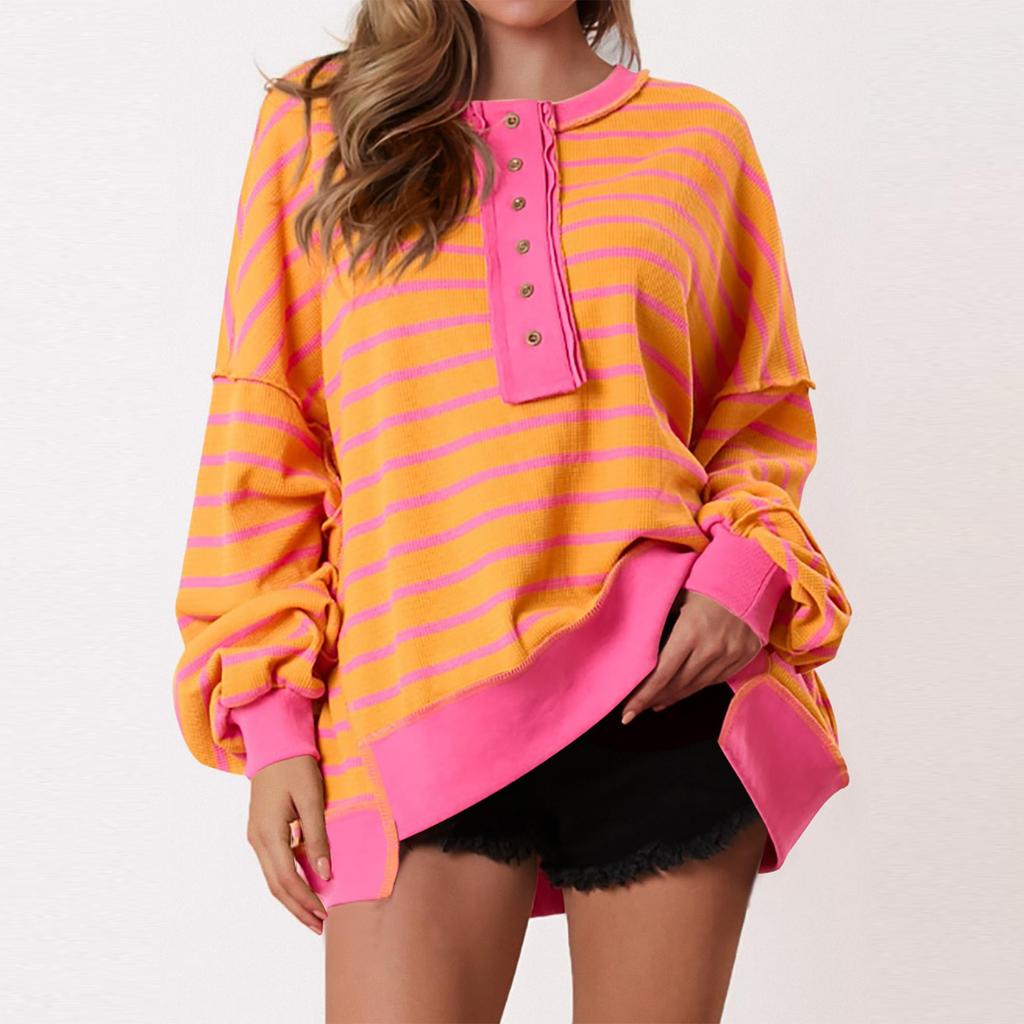Women's Fashion Striped Round Neck Long Sleeve Button Top Color Blocked Pullover Sweatshirt Top