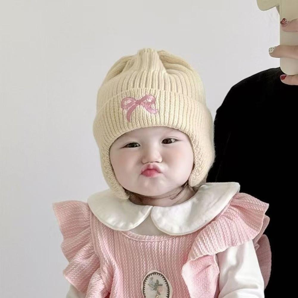 2pcs Windproof Beanie Embroidered Bow Knited Hat Cozy Kids Earflap Hats Ages 3-6Y