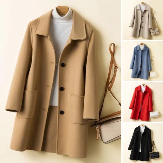 Women Jacket with Dual Pockets Lapel Solid Color Single-breasted Woolen Coat Loose Thermal Long