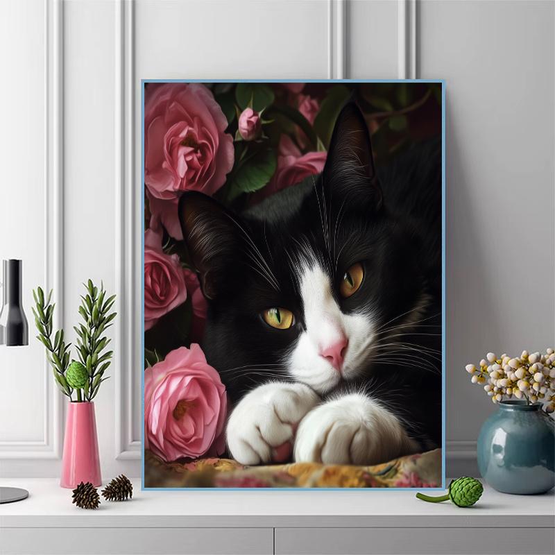 Tuxedo cat and flowers Pattern 3pcs 100% Round Full Drill 5D DIY Diamond Painting Embroidery Cross Stitch Rhinestone Décor