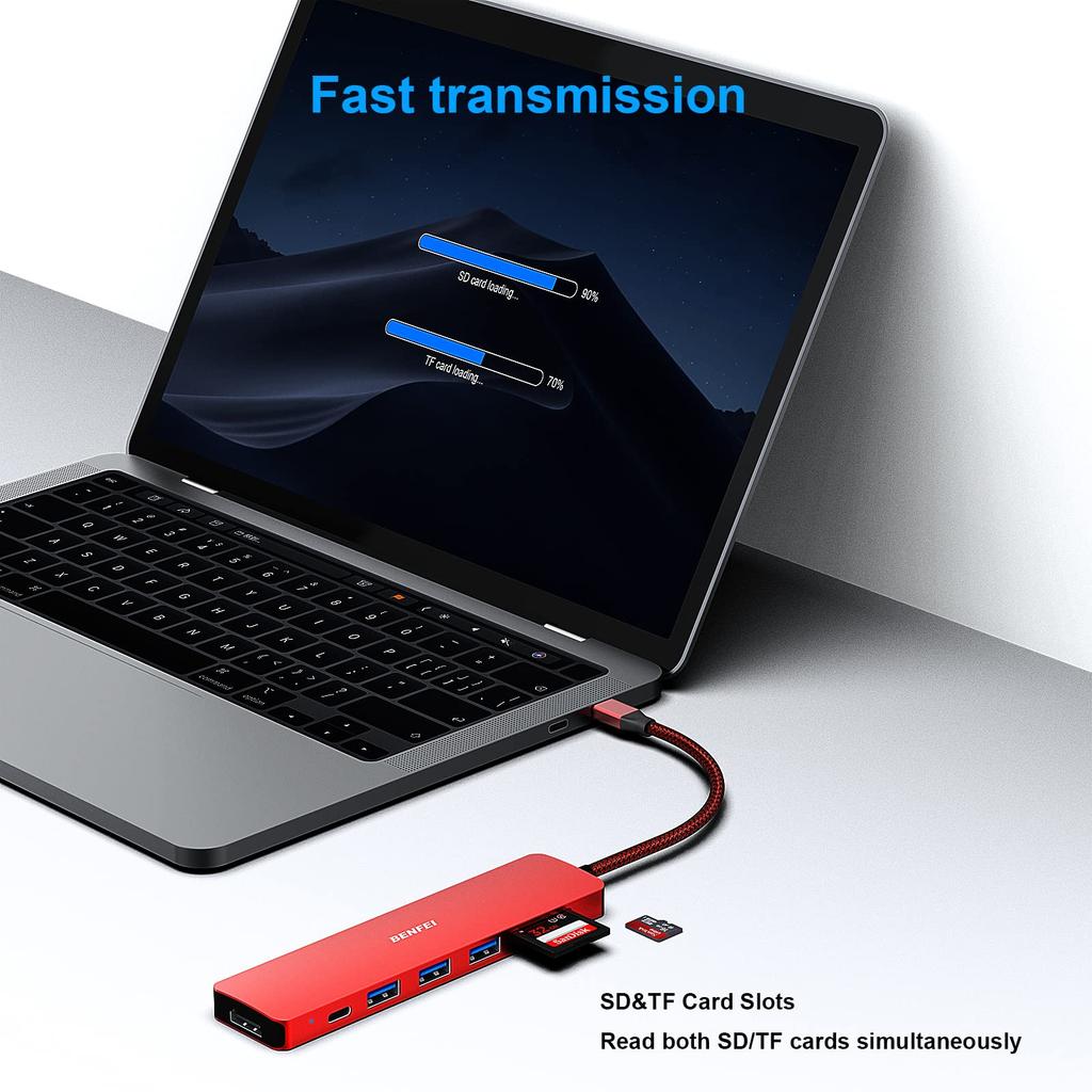 BENFEI USB C Hub USB C Hub Multiport To HDMI To Card PD 60W Charging Power Delivery Thunderbolt Compatible with iPhone 15 MacBook iPad Red 7in1,
