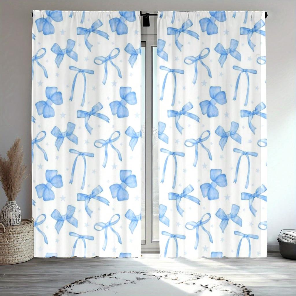 2pcs Polyester Blackout Curtains   Cute Bow Decor   Blue & White Color   Soft & Skin-Friendly   Suitable For Bedroom   Living Room   O