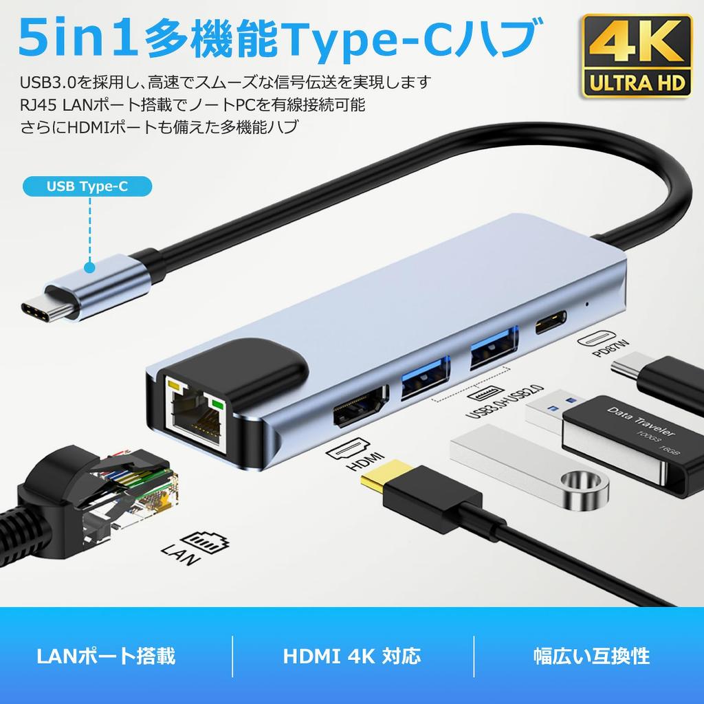 USB C Hub 5in1 Hub Bus Power 4K HDMI LAN PD Зарядная док-станция Совместимость с MacBook Air Ноутбук ПК iPad Air Pro Multi Display Type-C USB-C