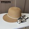 New Dome Duck Tongue Straw Hat Elegant Pearl Polka Dot Streamer Big Edge Beach Hat Seaside Travel Sun Protection Hat