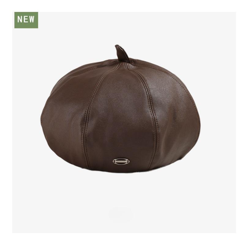 Высококачественная восьмиугольная шляпа из полиуретана для женщин, осень-зима, берет, нишевый дизайн, ретро, однотонная кожаная шляпа-бутон