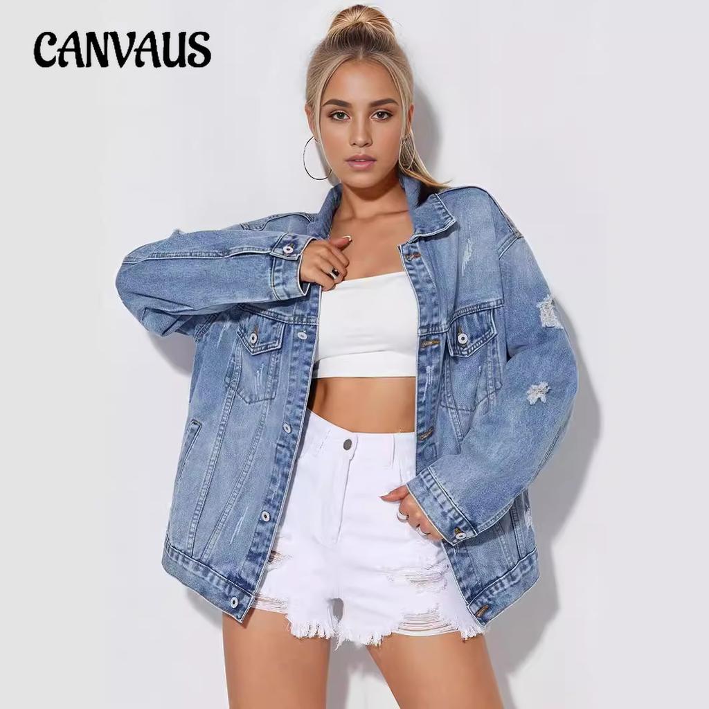 Spring and Autumn Plus Size Denim Jacket Women's Fashion Do Old Holes Long Jacket