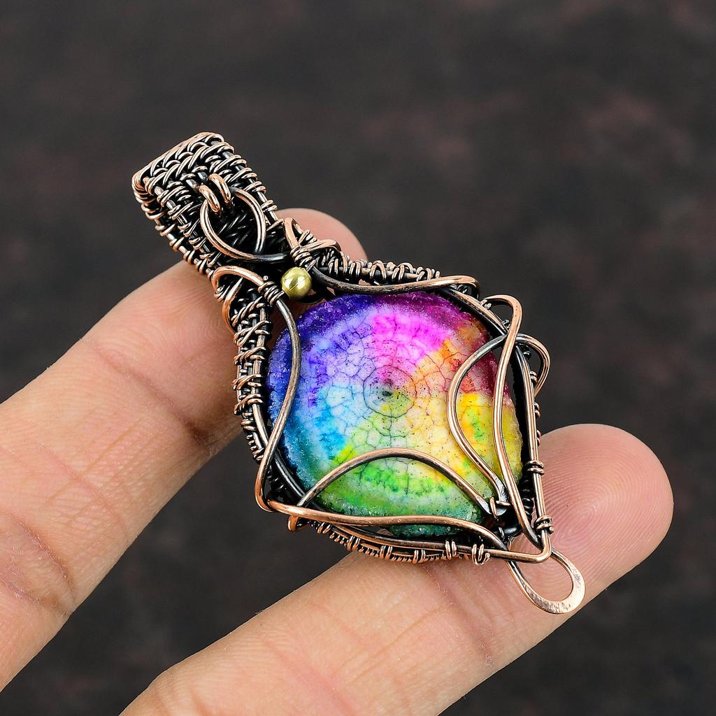 Rainbow Solar Quartz Druzy Pendant Copper Wire Wrapped Pendant Gemstone Jewelry Handmade Pendant Amazing Pendant Copper Jewelry Gift For Her