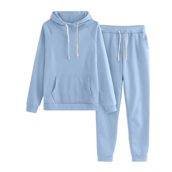 2 Pcs/Set Women Hoodie Pants Suit Solid Color Plush Long Sleeves Thick Top Elastic Waist Ankle-banded Trousers Sport Fitness