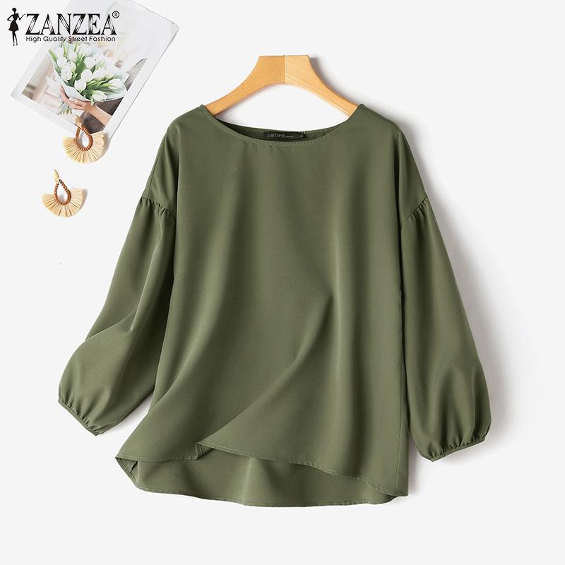 ZANZEA Женская повседневная однотонная свободная блузка с длинным рукавом и круглым вырезом