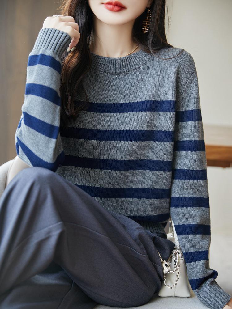 Autumn/Winter 2025 Women's Round Neck Striped Sweater - 100% Thickened Cotton Yarn Knit