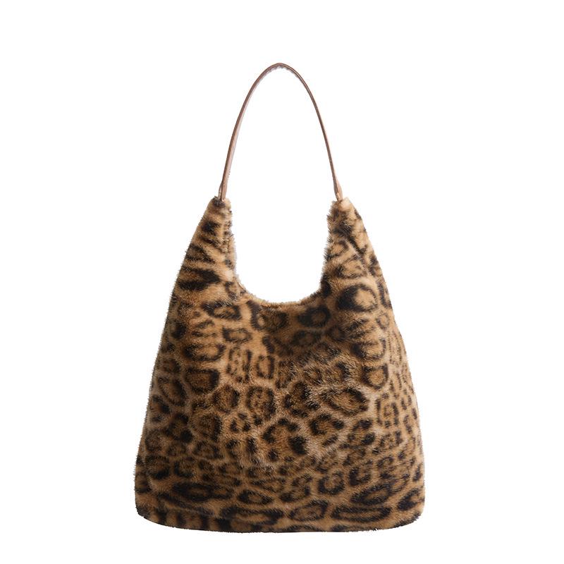 Leopard Print Plush Tote - Women's Versatile Large-Capacity Autumn/Winter Shoulder Bag