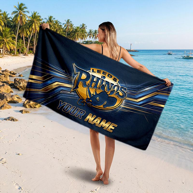 Leeds Rhinos Customized Name Text Beach Towel, Soft Absorbent Towel Beach Pool Travel Personal Gift