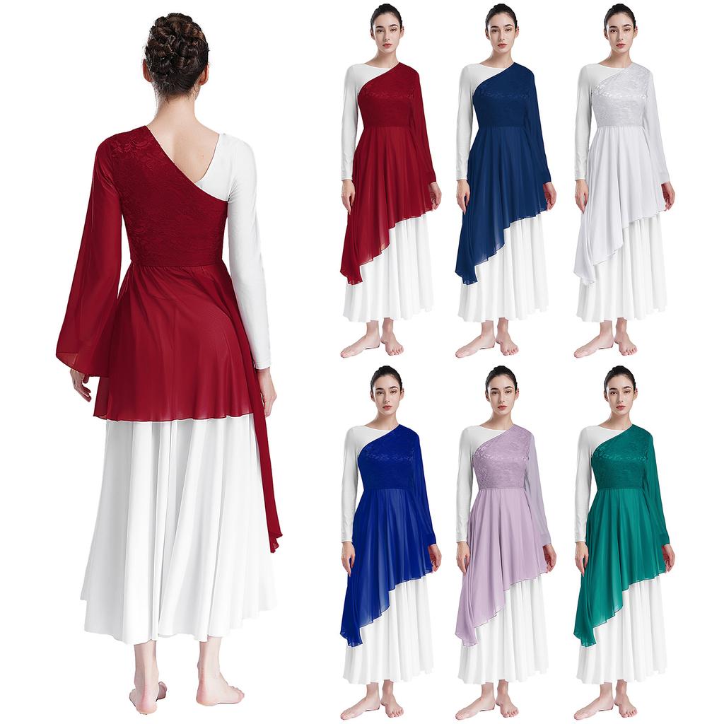 Женская туника для выступлений Worship с цветочным кружевным пэчворком, на одно плечо, с расклешенным рукавом, асимметричным подолом, танцевальное платье