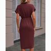 Весенне-летняя мода, однотонное элегантное платье, женское повседневное платье с коротким рукавом и высокой талией, женское повседневное платье с v-образным вырезом, офисные женские тонкие женские платья 24501