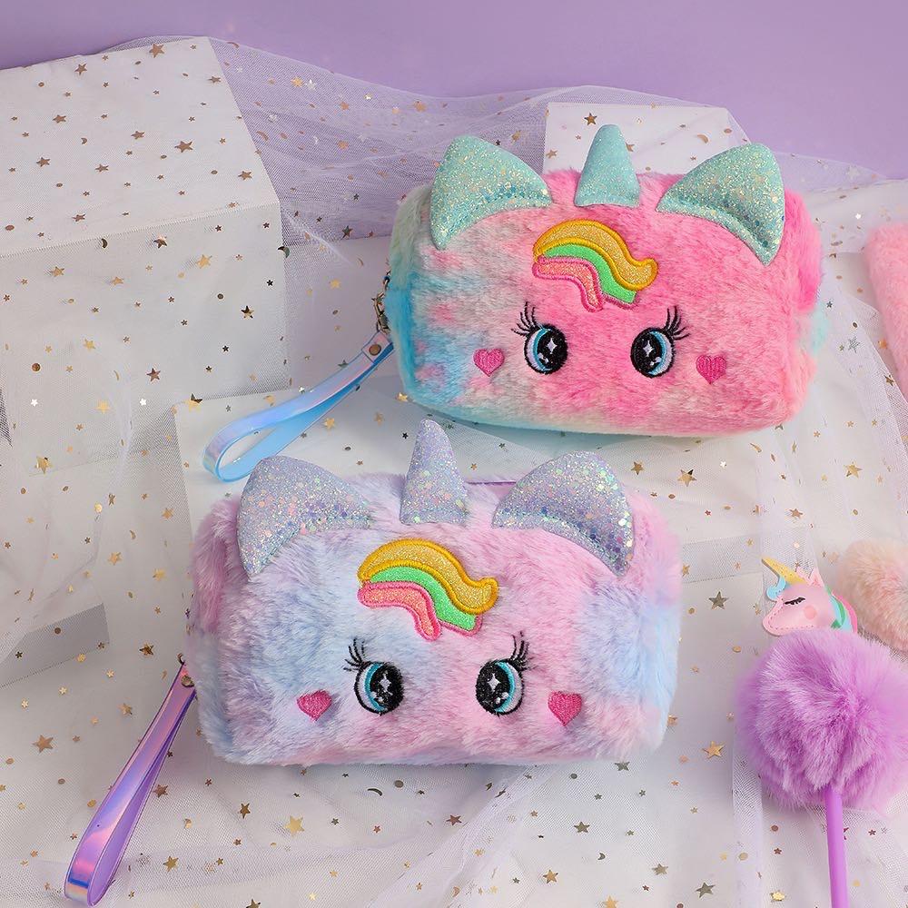 Cute Custom Cute Women Girl Pencil case Makeup Bag Plush unicorn Travel Toiletry Cosmetic Bag