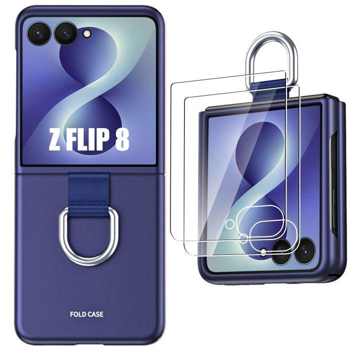 Coque pour Samsung Galaxy Z Flip 8, Antichoc Rigide avec Boucle - Bleu Foncé - 2 Verres Trempés
