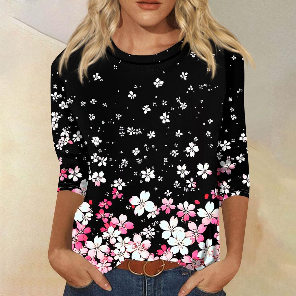 Женская модная повседневная футболка с рукавом семь восьмых, принтом и круглым вырезом