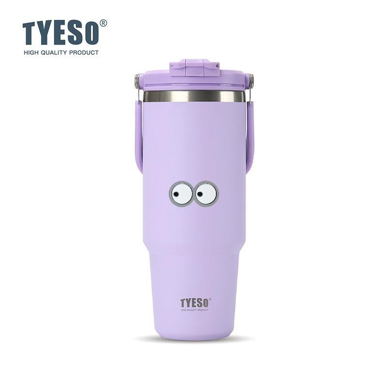 Tyeso 1200ML Cup Handle Vacuum Flasks Dual-Drink Coffee Mug Stainless Steel Thermoses Ice Cup Car Bottle Hot Cold Retention with Eye Sticker