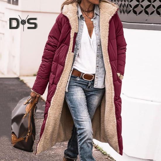 Women Winter Splicing Long Coat Hooded Long Sleeve Fleece Lining Outwear Zipper Placket Pockets Double Sided Wear Long Down Jacket