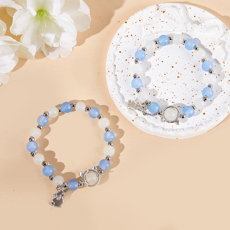 Rabbit Pendant Opal Beaded Bracelet Ins Aqua Blue Moonstone Hand String Chain For Girlfriend Couple'S Gifts Jewelry
