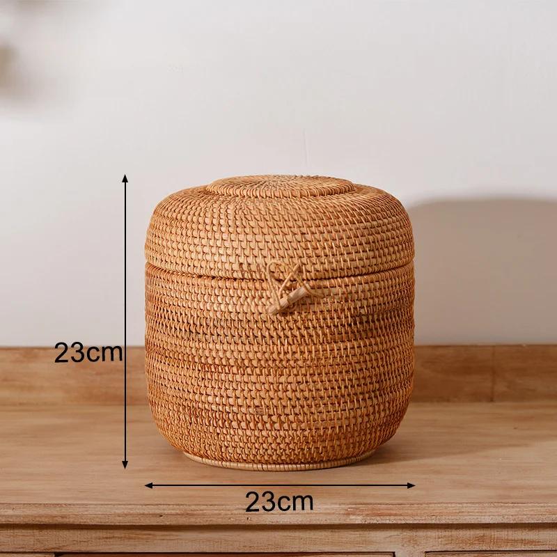 Handwoven Rattan Storage Box with Lid Tea Food Container Kongfu Tea Set Bread Fruit Basket with Lid Puer Tea Bag Organizer