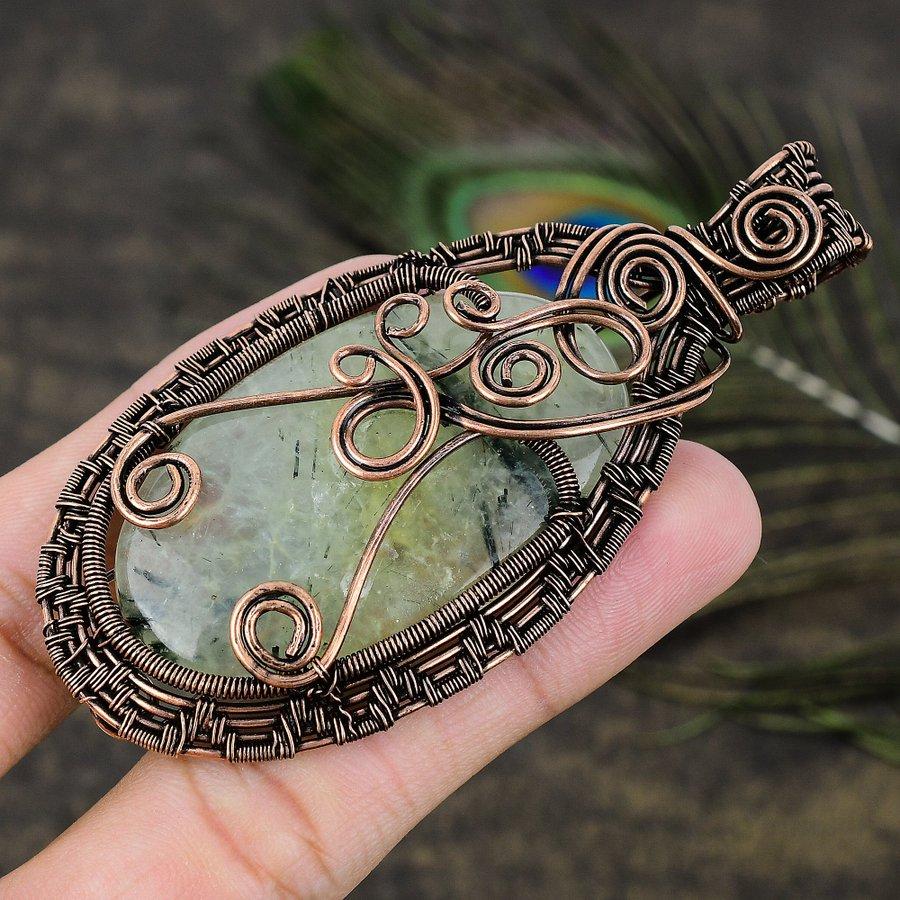 Prehnite Gemstone Copper Wire Wrap Jewelry Pendant 3.47