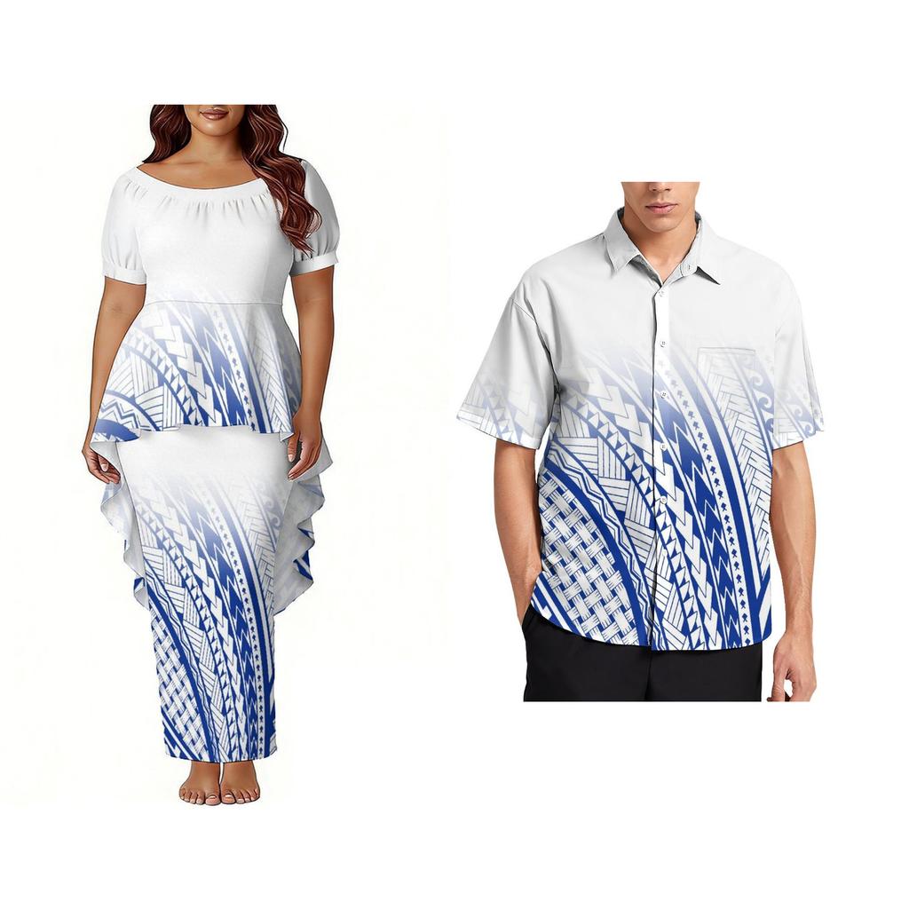 Custom Polynesian Bubble Short Sleeve Long Dress Lady Puletasi Dress Match Plus Size Men Stiff Neck Shirt Sets off Couples 2pcs