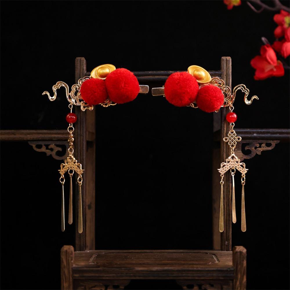 Red Chinese Style Ancient Hairpin Pearl Chinese New Year Side Clip Hanfu Hair Clip  Women