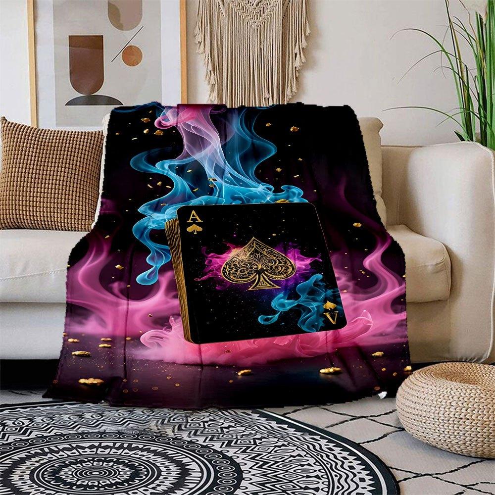 "Golden Ace of Spades Playing Card with Colorful Smoke Effect"Blanket Flannel Throw Blanket for Sofa, Bed, Travel, Camping, Office