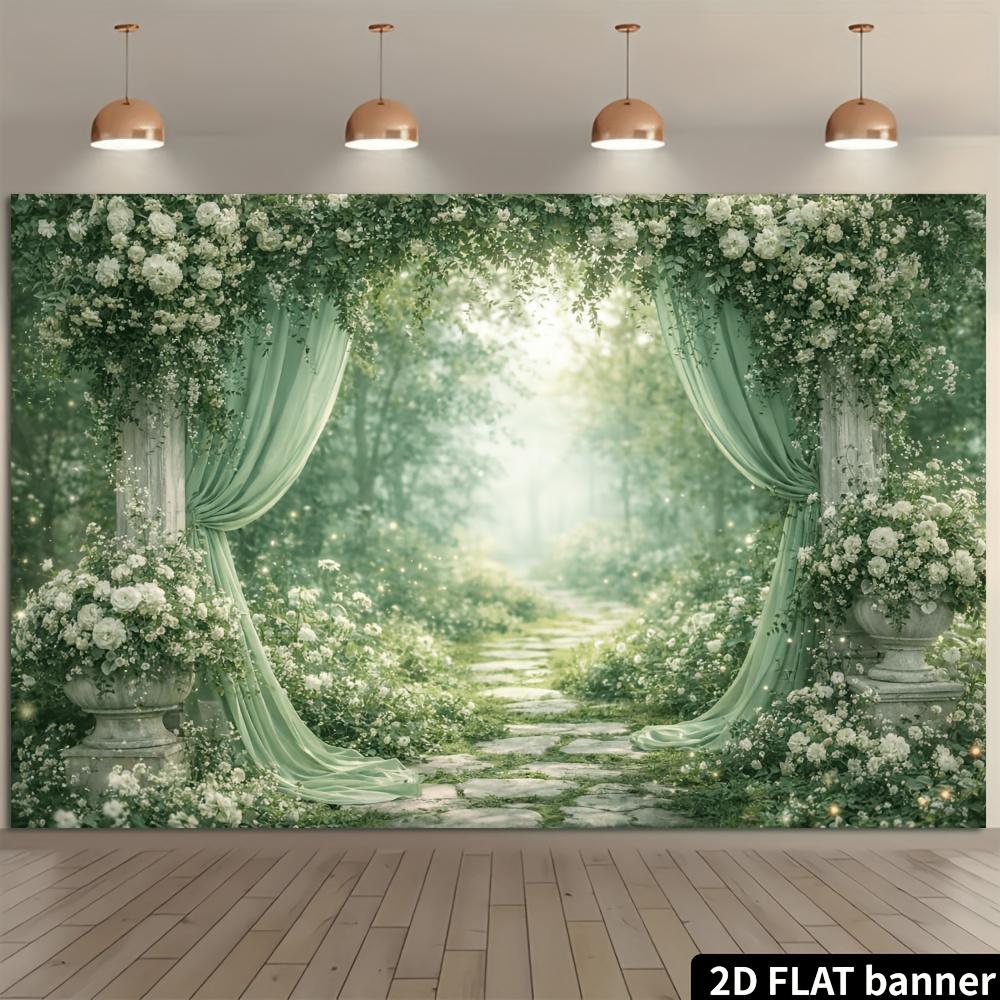 2D plane pastel white rose drapes stone path with Roman columns as background fabric wedding photo shooting polyester fiber