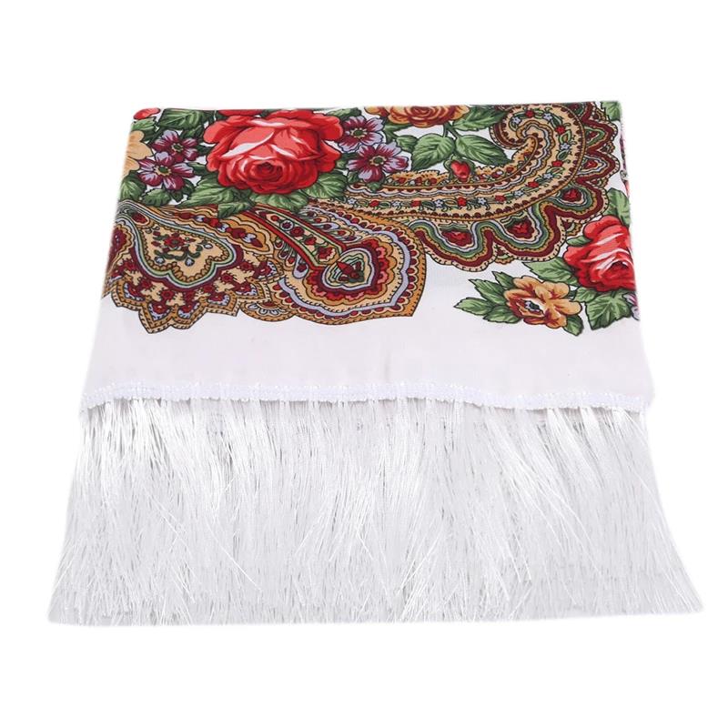 Women's Vintage Floral Print Shawl - Square Ethnic Scarf With Four-Sided Tassels For Travel & Dust Protection