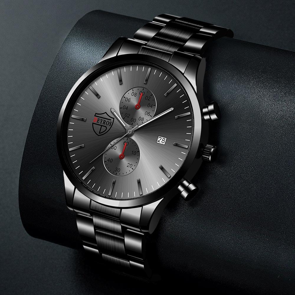 4pcs/set Simple Hands Round Black Quartz Watch and Black Cross Pendant Necklace, Ring, Bracelet Set, Gift To Him