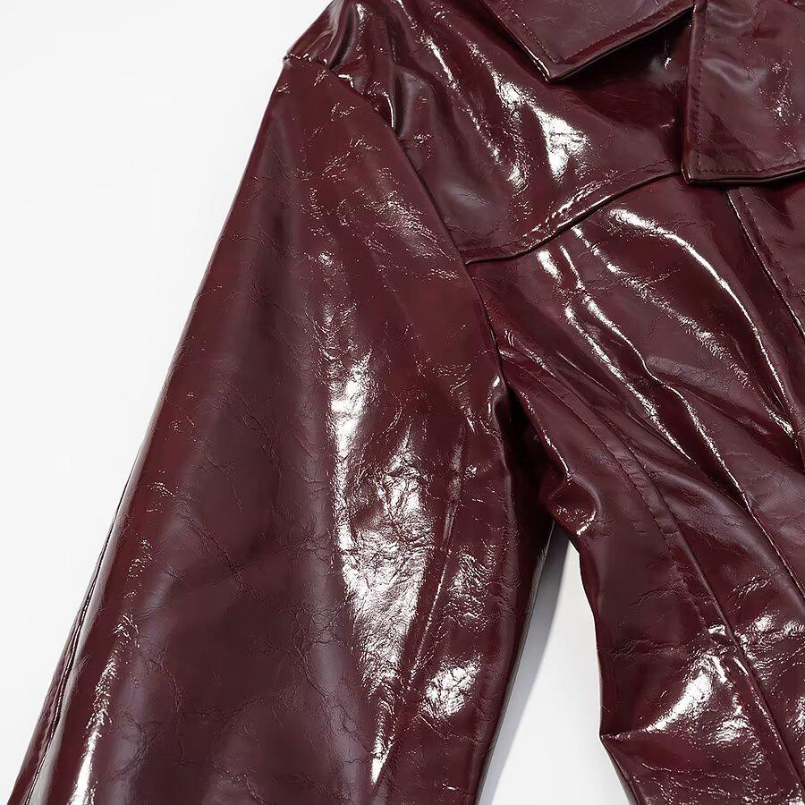 Women's Street Style Leather Suit: Double-breasted Waist-cinching Jacket & A-line Skirt Set