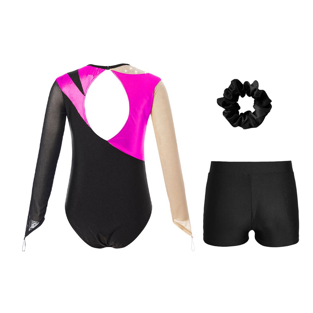 Kids Girls Metallic Long Sleeve Gymnastics Leotard with Shorts Hair Scrunchie Dance Unitard Biketards Dancewear