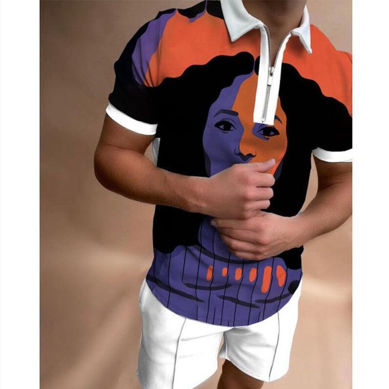 Abstract Face Art Print Short Sleeve Polo Shirt with Zip Collar