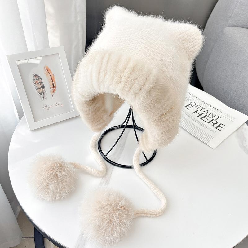 Luxury Women's Hand Knitted Adjustable Winter Beanie Mink/Fox Fur Lined Thermal Ear Protection Fashionable Functional Earmuffs
