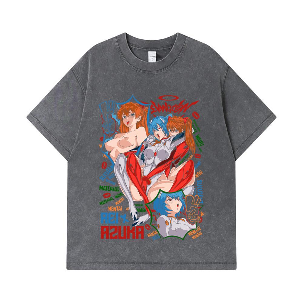 Стиранные футболки 275 г/м² 100% Хлопок Evangelion V9 Аска Рей Ваифу Принт Унисекс Плотная хлопковая футболка