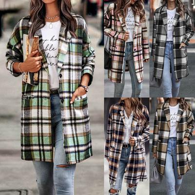 Женское И Зимнее Темпераментное Пальто с Карманами в Клетку на Пуговицах с Длинным Рукавом