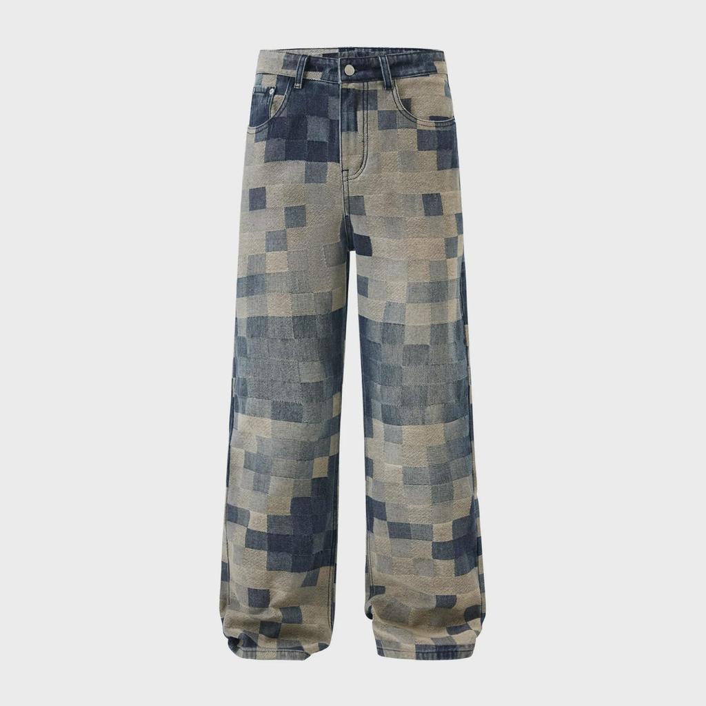 Джинсы Mosaic Grid: Мужские прямые широкие брюки High Street Fashion