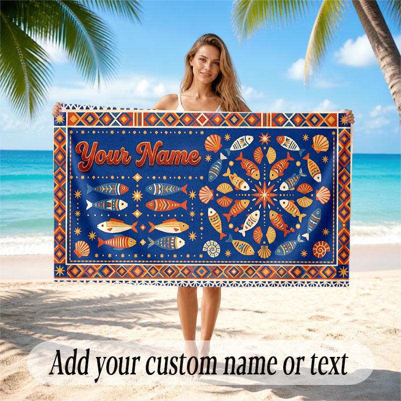 Fish Ocean Theme Beach Towel Personalized Custom Name & Text Soft Quick Dry Beach Towel for Swimming Travel