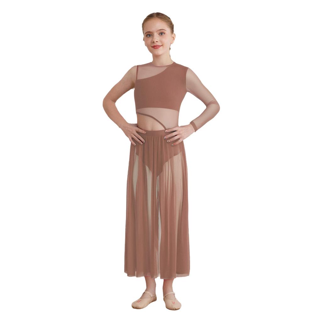 Костюм для лирического выступления для девочек, круглый вырез, дизайн с вырезами, пэчворк по бокам, асимметричное танцевальное платье из прозрачной сетки