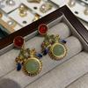 New Chinese Retro Chalcedony Court Style Enamel Ribbon Earrings Agate Plated Real Gold Premium Light Luxury Earrings