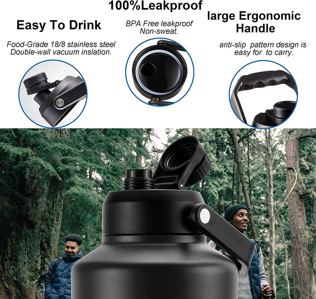 Изолированная бутылка для воды на 128 унций, 3785 мл, термос из нержавеющей стали, который можно мыть в посудомоечной машине, кувшин без BPA с ручкой и противоскользящим дном